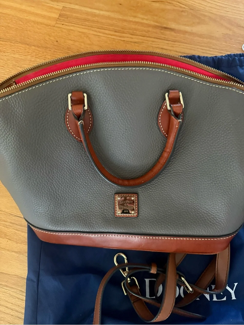 Dooney & Bourke Grey Pebble Leather Satchel with Brown Trim and Red Accent